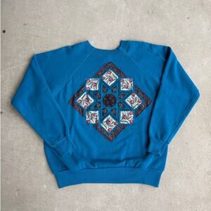 Vintage Quilt Block Handmade Blue Grandma Crewneck Sweatshirt Fits like Medium